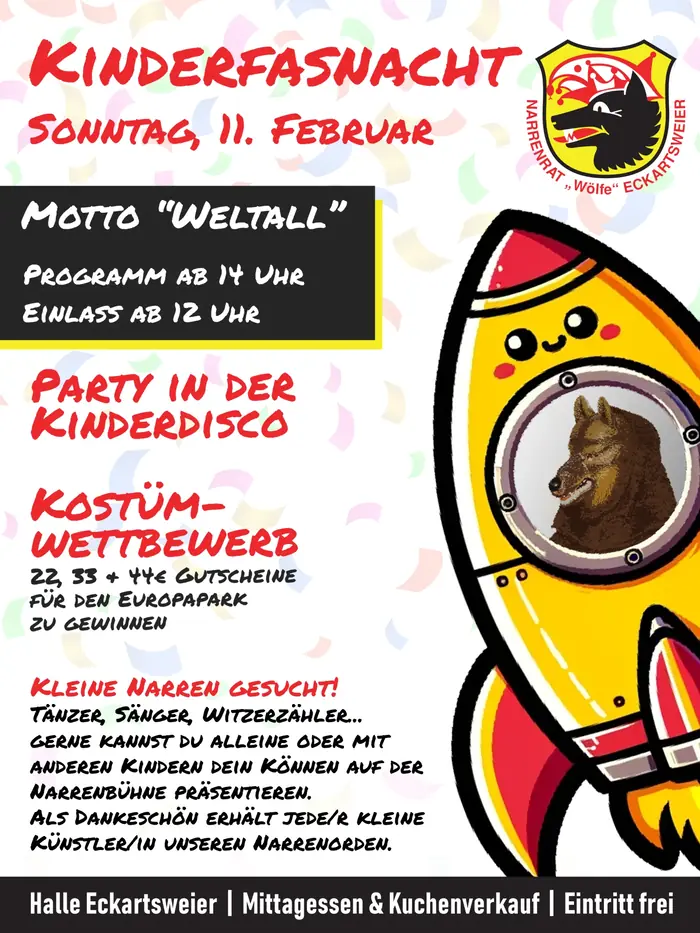 Plakat der Kinderfasnacht 2024 mit dem Motto Weltall: ein Wolf in einer Rakete