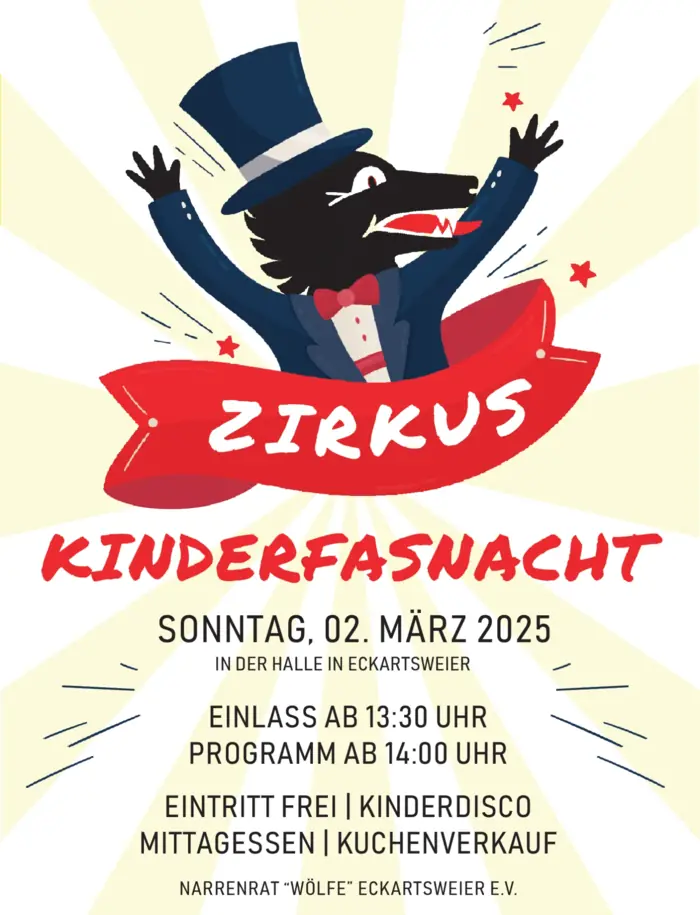 Plakat der Kinderfasnacht 2025 mit dem Motto Zirkus: ein Wolf im Frack mit Zylinder
